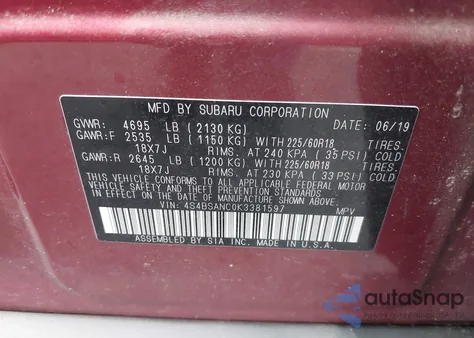 2019 Subaru Outback 2.5I Limited from USA, damaged, VIN 4S4BSANC0K3381597